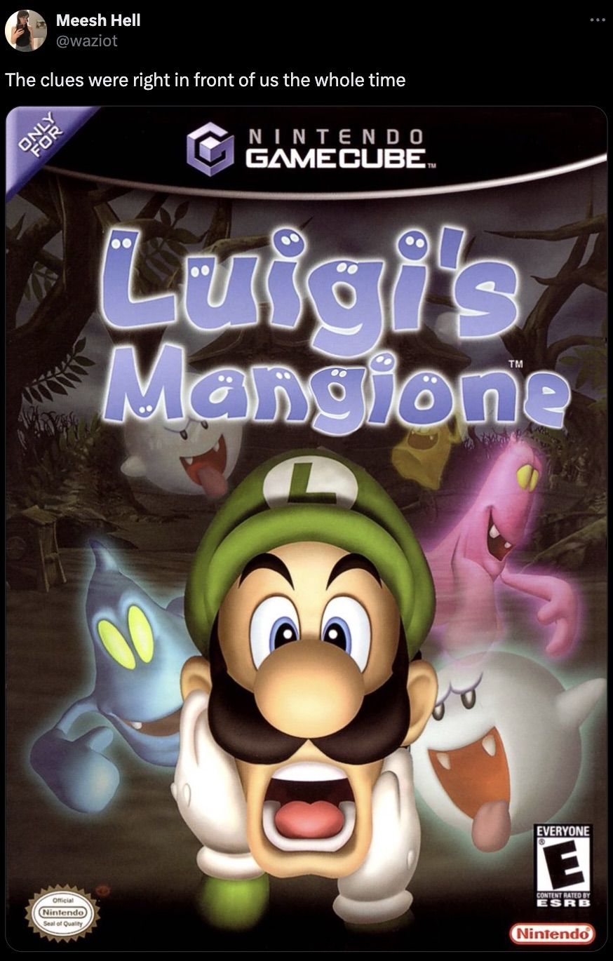 luigi's mansion gamecube - Meesh Hell The clues were right in front of us the whole time Only For Nintendo Gamecubem Luigi's Mangione Official Nintendo Seal of Quality D Everyone E Content Rated By Esrb Nintendo